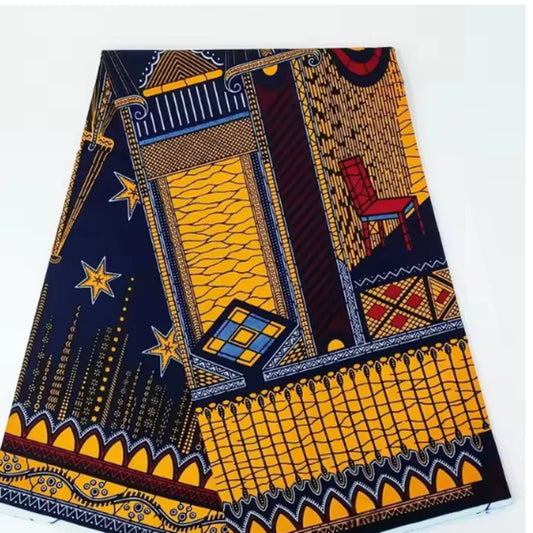 Navy & Gold Patchwork Ankara Wax Print Fabric – Stars, Chair & Grid Panels, 100% Cotton
