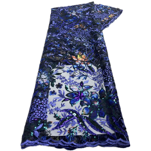 3D Floral Appliqué Tulle Lace with Scattered Sequins & Embroidered Vine Pattern Cobalt Moon Blossom Lace / 120cm / 5