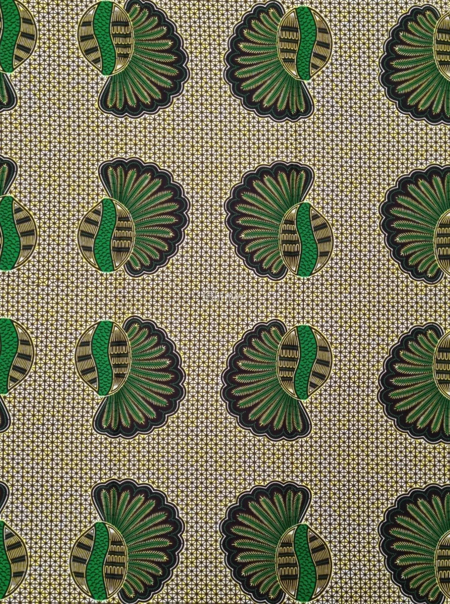 Green and Gold Shell Motif Fabric – Vibrant Ankara Wax Print with Geometric Background 6 Yards African Wax Print Fabric