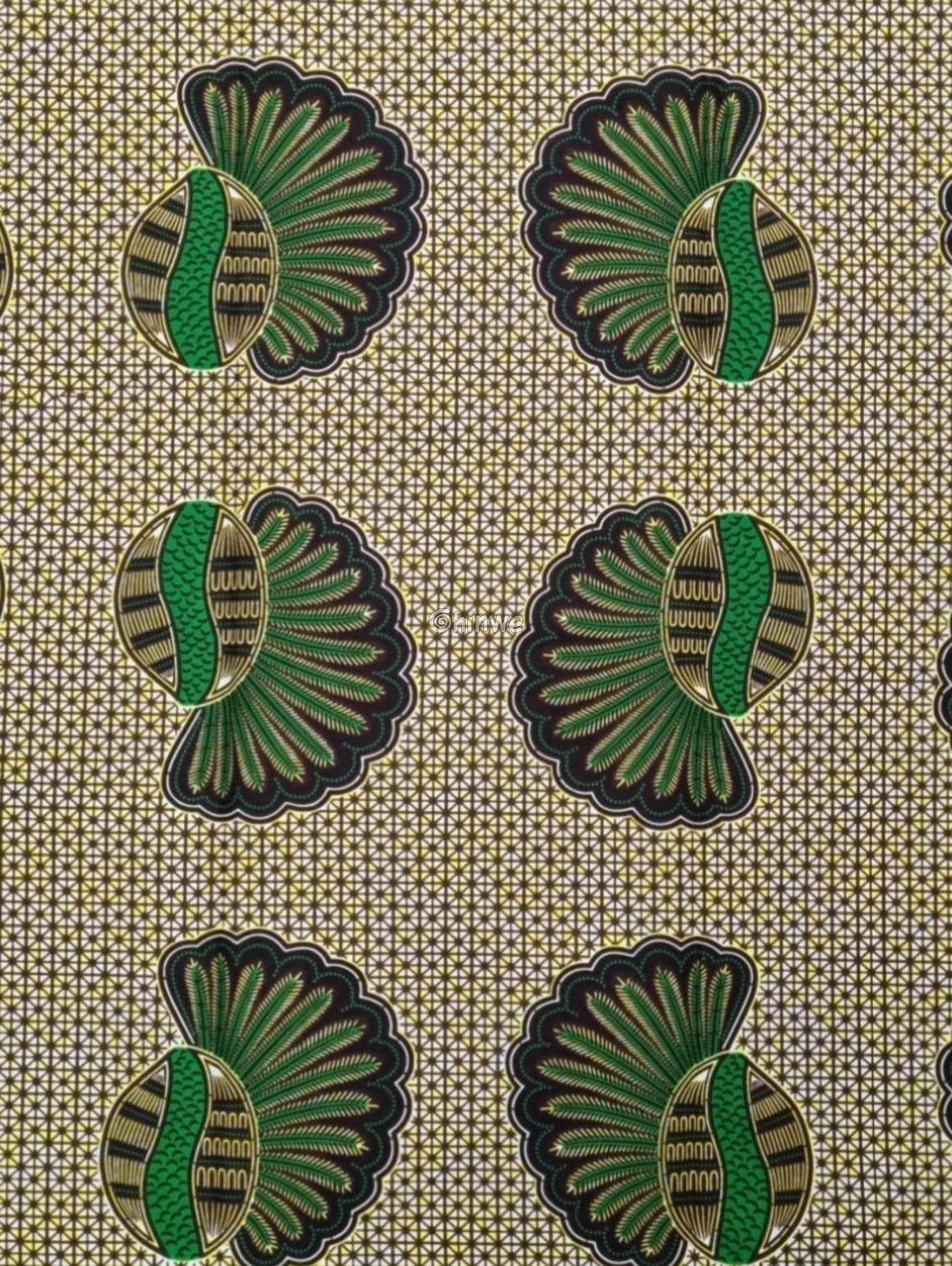 Green and Gold Shell Motif Fabric – Vibrant Ankara Wax Print with Geometric Background 6 Yards African Wax Print Fabric