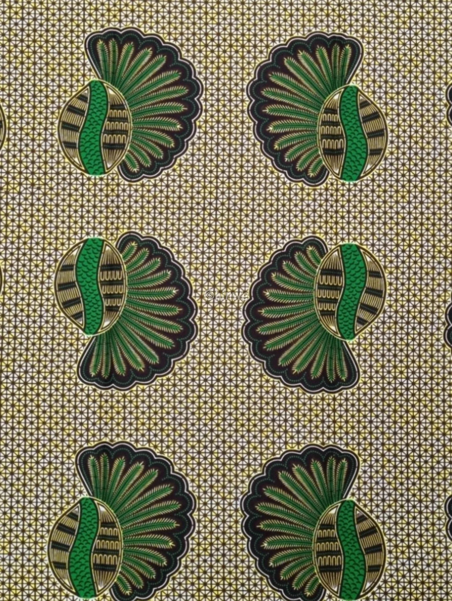 Green and Gold Shell Motif Fabric – Vibrant Ankara Wax Print with Geometric Background 6 Yards African Wax Print Fabric