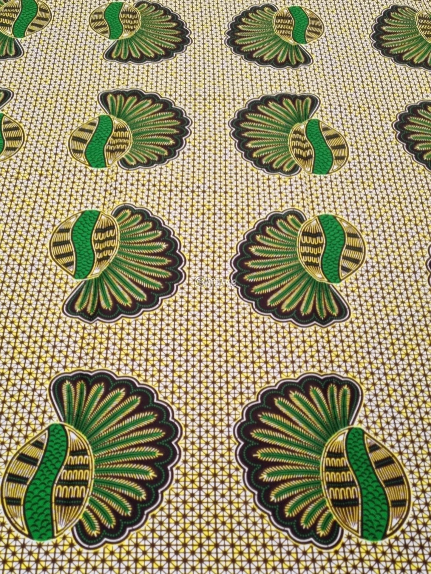 Green and Gold Shell Motif Fabric – Vibrant Ankara Wax Print with Geometric Background 6 Yards African Wax Print Fabric