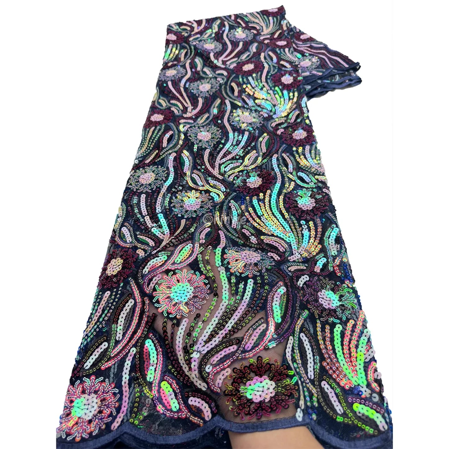 Amethyst & Rose Swirling Waves & Floral Medallion Sequin Print Fabric Sapphire & Midnight Swirl / 5 Yards / 120cm Lace