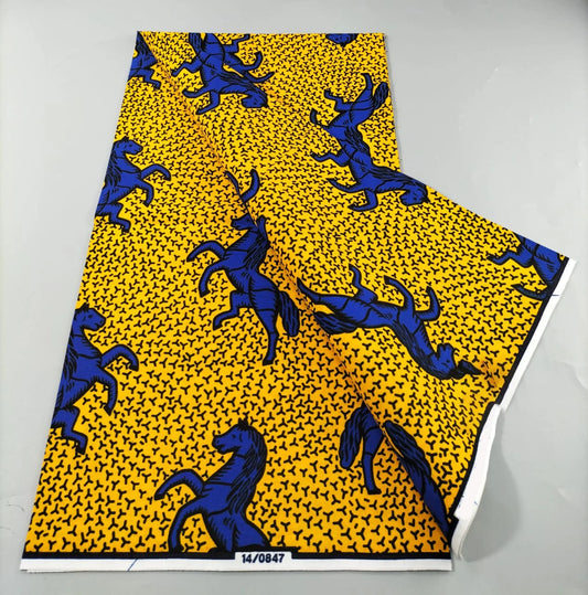 Galloping Horses Ankara Real Wax Print – Yellow or Royal Blue, 100% Cotton, 6 Yards