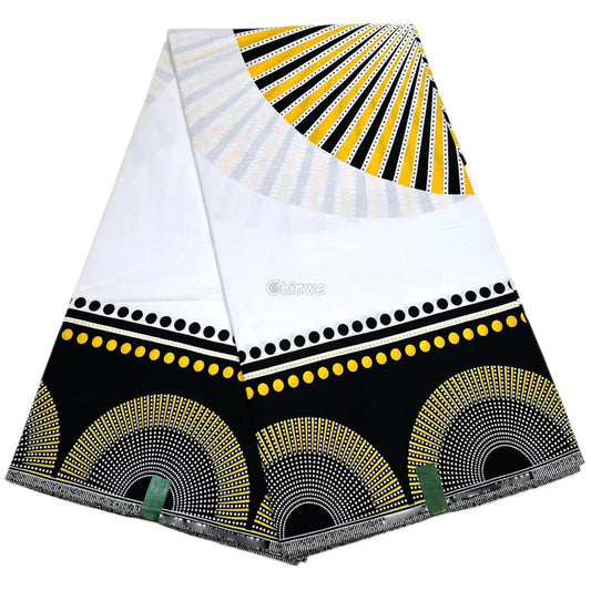 Sunburst and Dotted Arch African Wax Print Fabric in Black White and Yellow 6 Yards African Wax Print Fabric