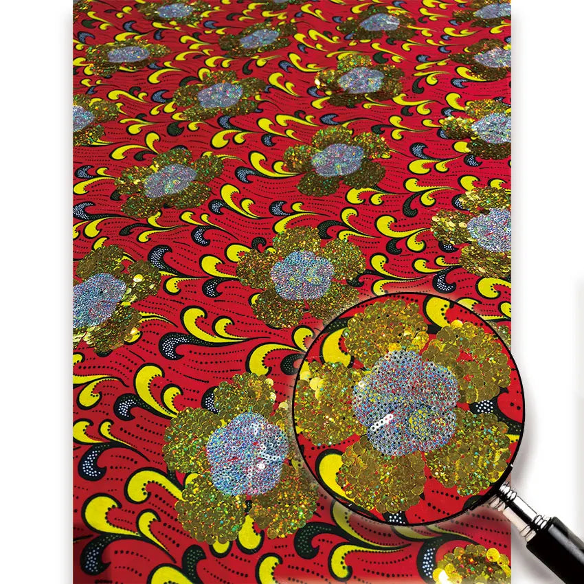 Red & Gold Swirl Sequin Wax Fabric – Gold Sequin Flowers, 100% Cotton, 6 Yards