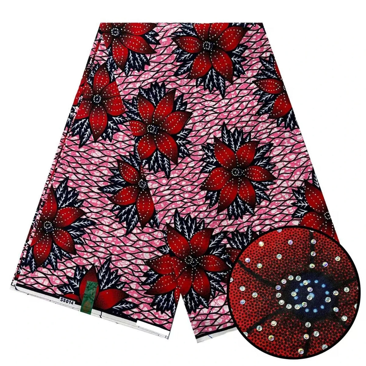 Pink and Red Blossom Stoned Wax Print – Real Wax with Stones, 6 Yards