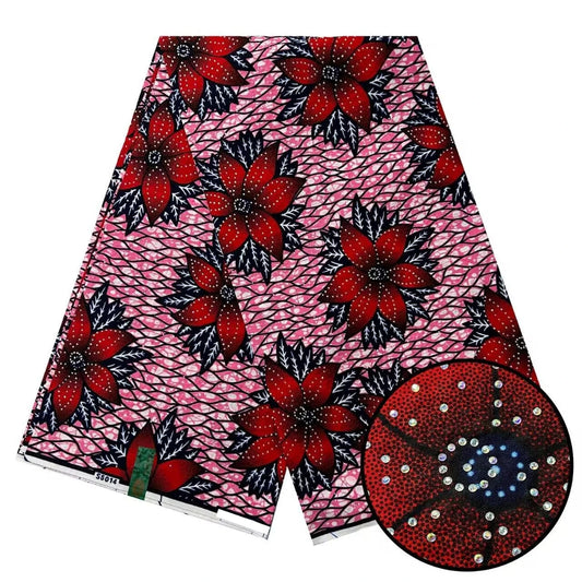 Pink and Red Blossom Stoned Wax Print – Real Wax with Stones, 6 Yards
