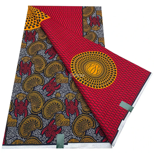 Regal Sunburst Paisley Fabric – Red and Yellow Ankara Wax Print with Intricate Detail 6 Yards African Wax Print Fabric