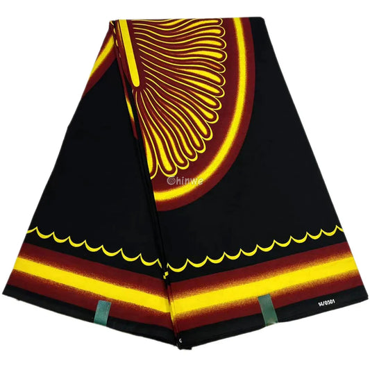 Bold Sunset Radiance Fabric – Black Wax Print with Vibrant Yellow and Red Circular Design 6 Yards African Wax Print