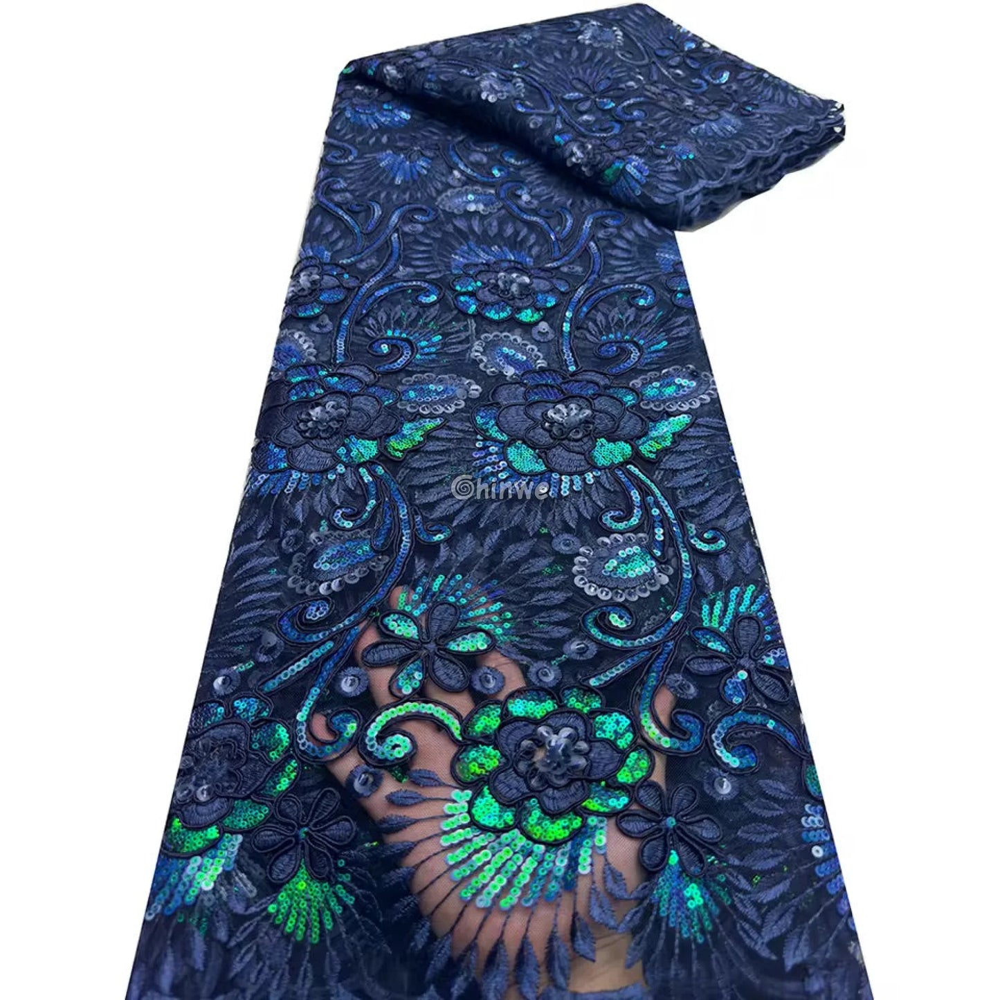 Emerald & Sapphire Blue Floral Vine Lace with Raised Petal Motifs and Iridescent Sequin Embellishments