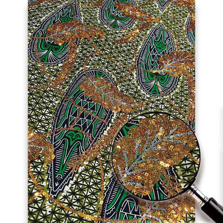 Green Paisley Leaf Sequin Wax Fabric – Gold Sequins, 100% Cotton, 6 Yards