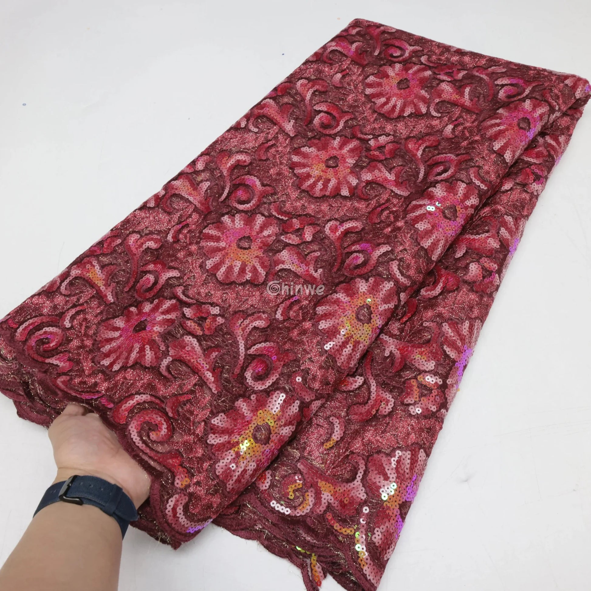 Cobalt & Aqua Floral Medallion Sequin Lace Print Fabric with Scalloped Edge and Lustrous Sheen Lace