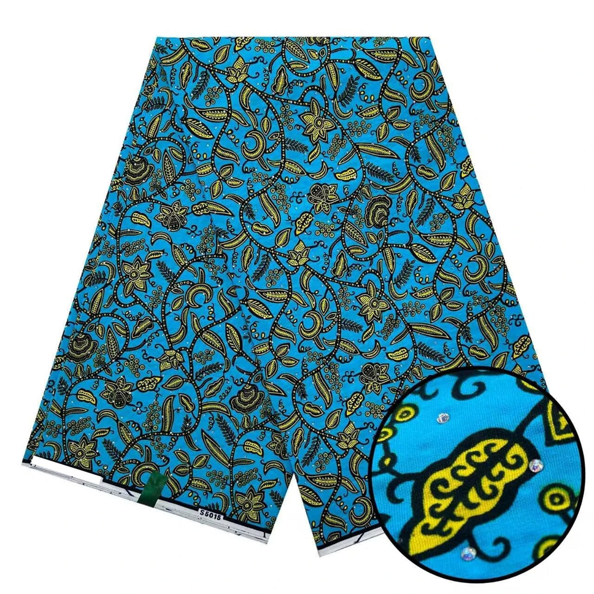 Turquoise & Gold Vine Stoned Wax Print – Real Wax with Stones, 6 Yards