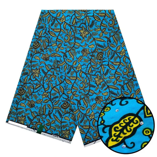 Turquoise & Gold Vine Stoned Wax Print – Real Wax with Stones, 6 Yards