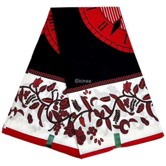 Red and Black Ankara Fabric with Clockface and Floral Border Design 6 Yards African Wax Print Fabric