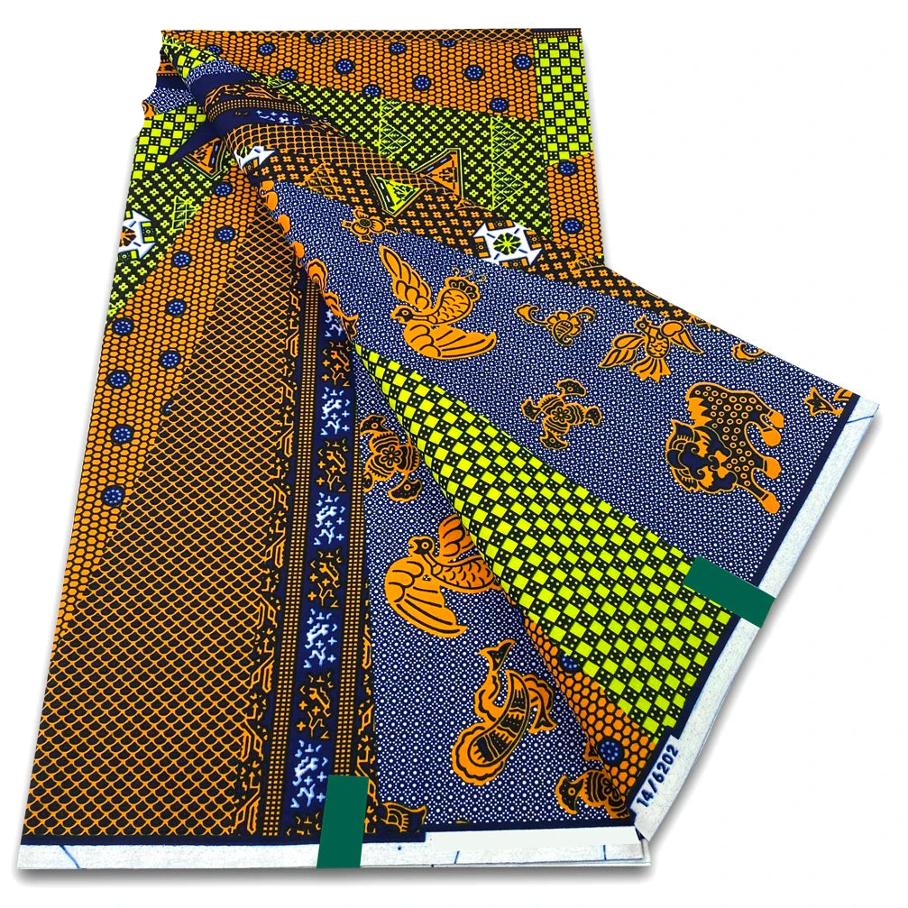 Blue and orange patchwork Ankara wax print fabric with bird motifs and green check panels