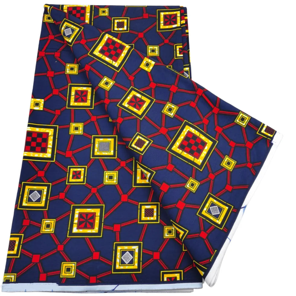Navy, Red and Yellow Square Ankara wax print fabric, 6 yards
