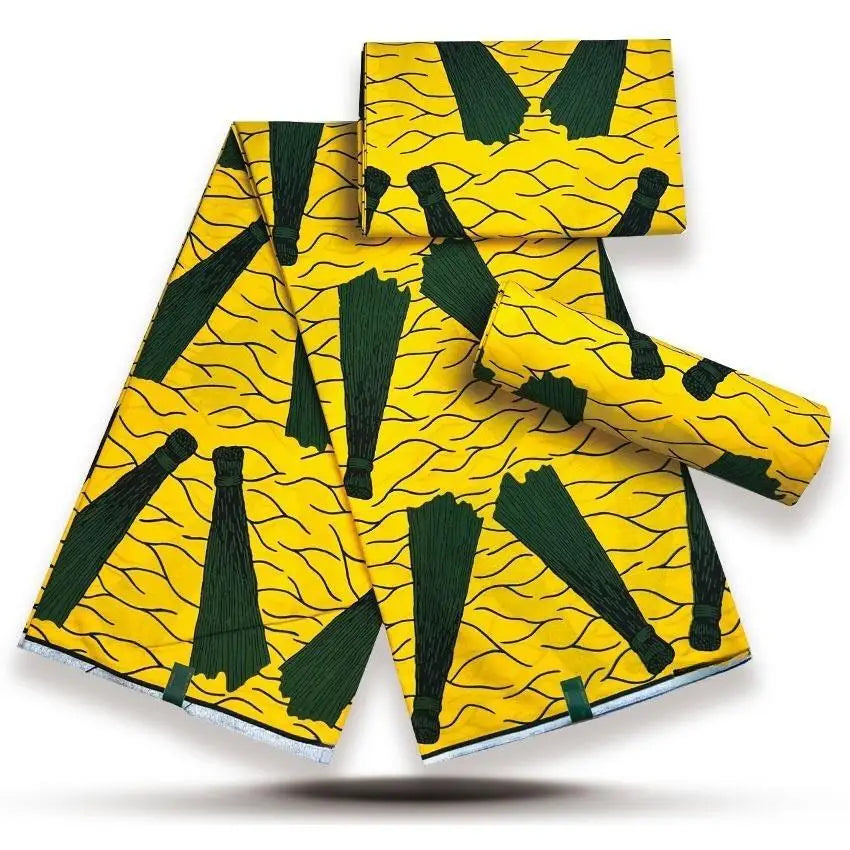 Yellow & Green Brushstroke Gold Sand Wax Print – Bold Abstract, 100% Cotton, 6 Yards