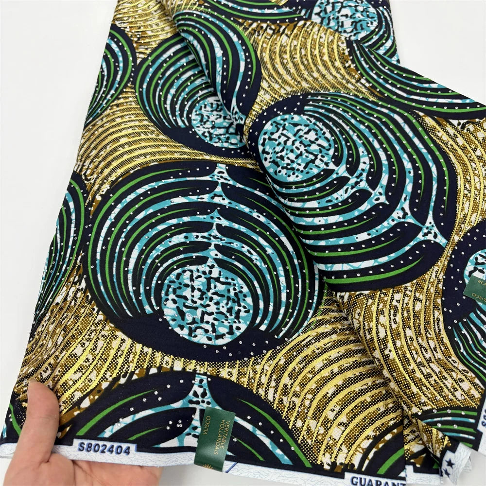 Emerald & Gold Ring Stoned Wax Fabric – Grand Super Wax with Rhinestones, 6 Yards