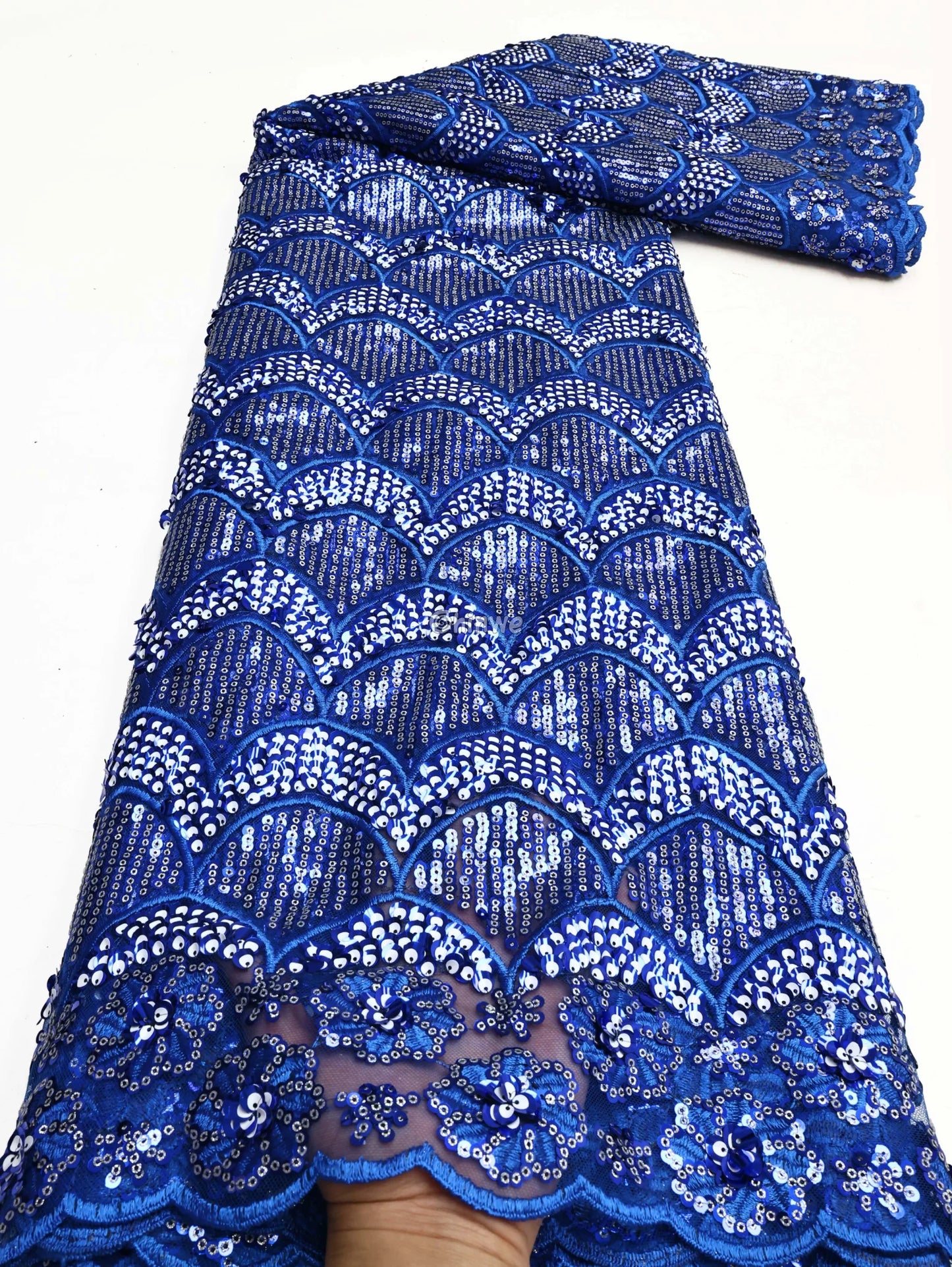 Scalloped-Arch Sequin Lace Print Fabric with Embroidered Floral Border and Sequined Sheen Cobalt Blue Scalloped‐Arch