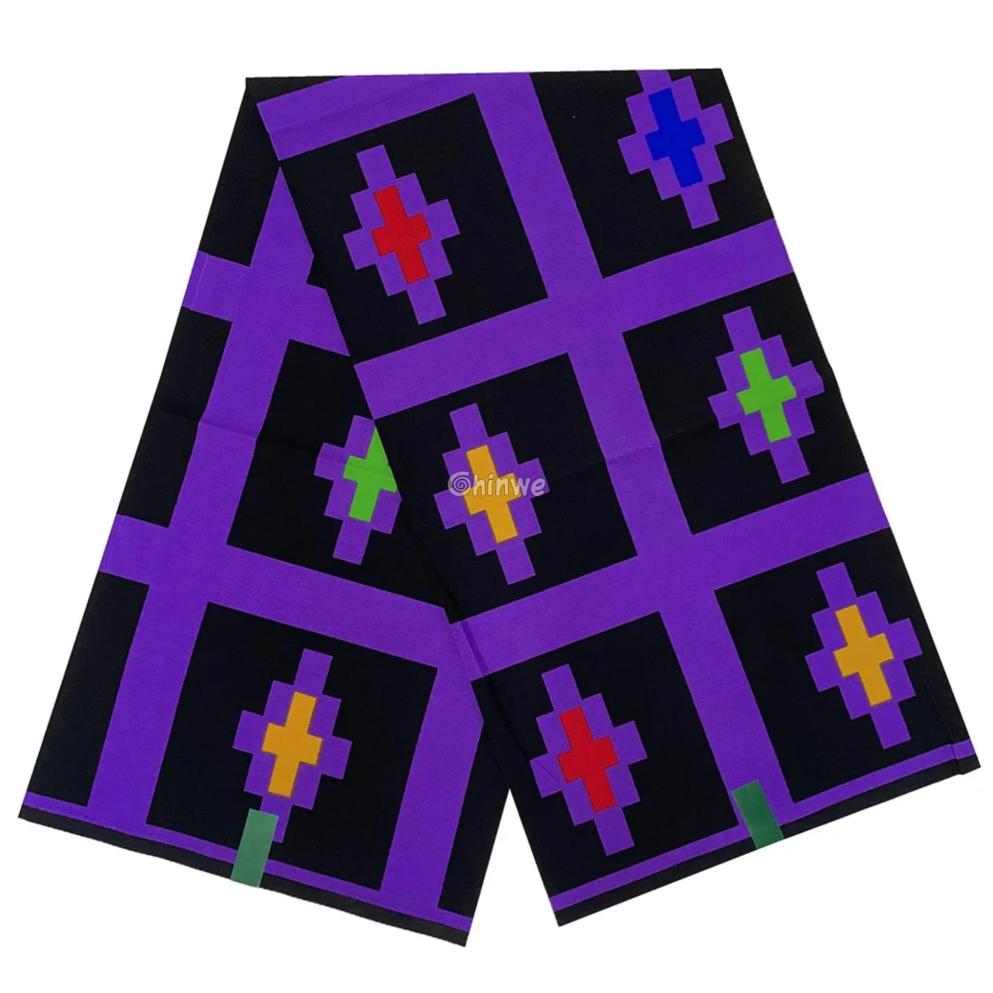 Vibrant Pixel Mosaic Fabric – Purple and Black Ankara Wax Print with Multicolor Geometric Motifs 6 Yards African Wax