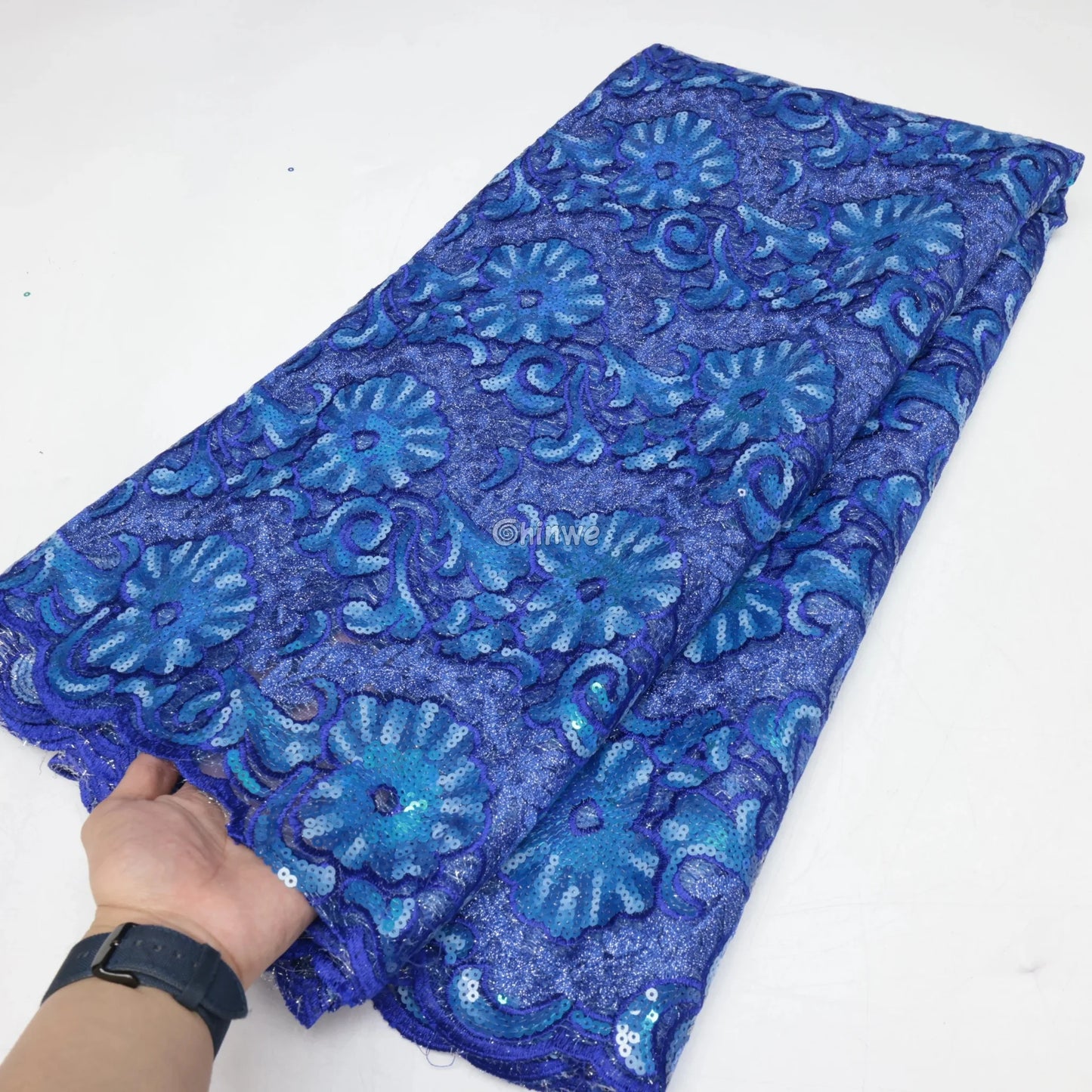 Cobalt & Aqua Floral Medallion Sequin Lace Print Fabric with Scalloped Edge and Lustrous Sheen Lace