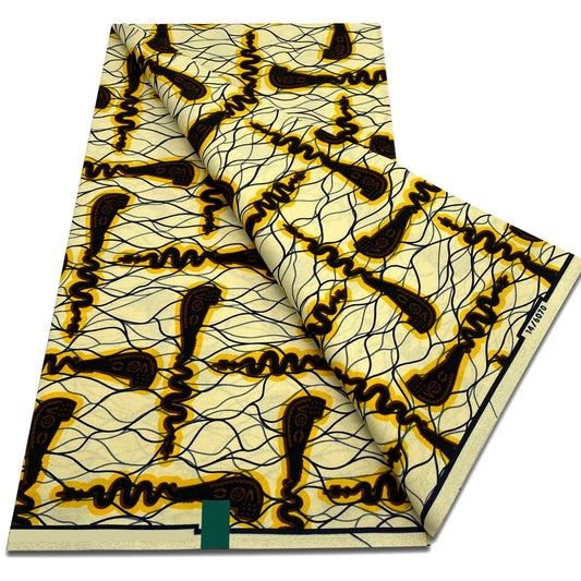 Cream Ankara wax print fabric with dark brown abstract squiggle shapes