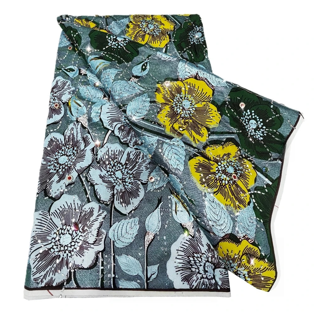 Sage & Yellow Bloom Stoned Wax Print – Heavyweight Poplin with Stones, 6 Yards