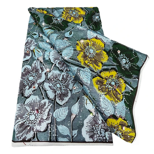 Sage & Yellow Bloom Stoned Wax Print – Heavyweight Poplin with Stones, 6 Yards