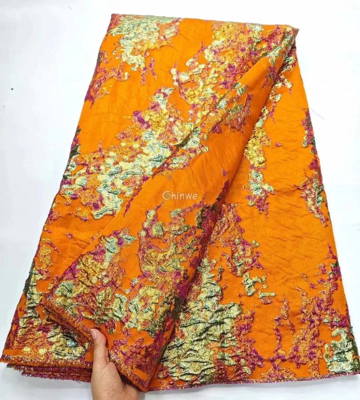 Luxurious Jacquard Brocade with Iridescent Foil Accents & Abstract Marbling Motif Tangerine Orange Base with Teal &