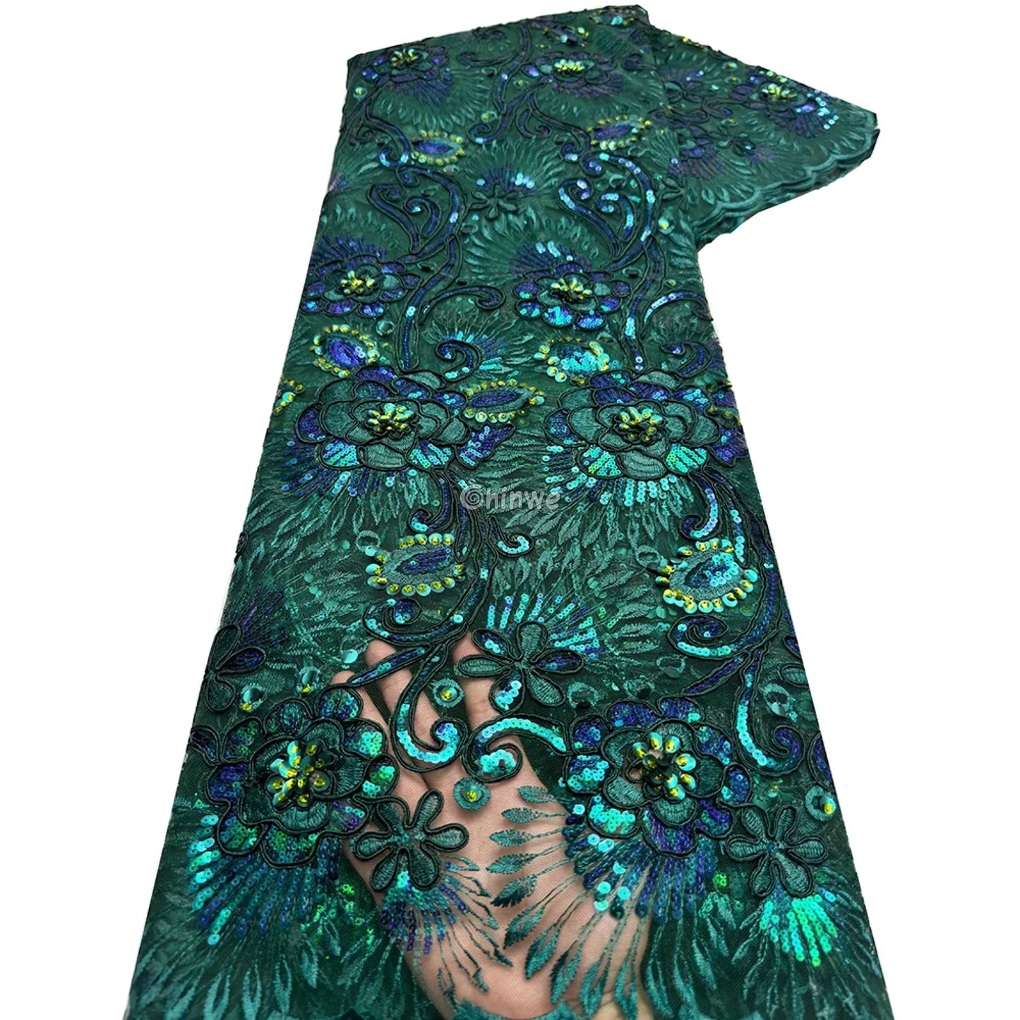 Emerald & Sapphire Blue Floral Vine Lace with Raised Petal Motifs and Iridescent Sequin Embellishments Deep Emerald &