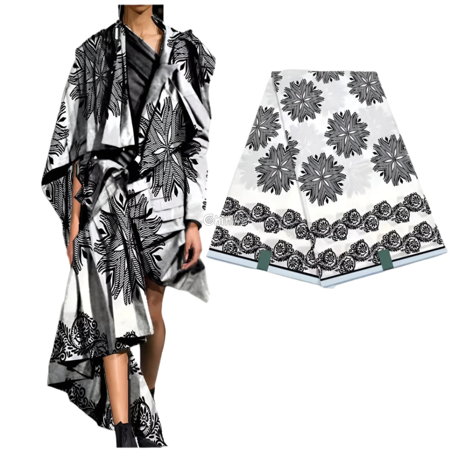 Elegant Monochrome Bloom Fabric – Black Floral Pattern on White Ankara Wax Print 6 Yards African Wax Print Fabric