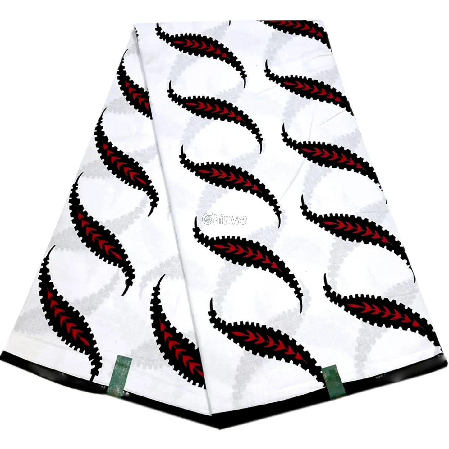 Elegant Feathered Swirl Fabric – Red and Black Pattern on White Vlisco Wax Print 6 Yards African Wax Print Fabric