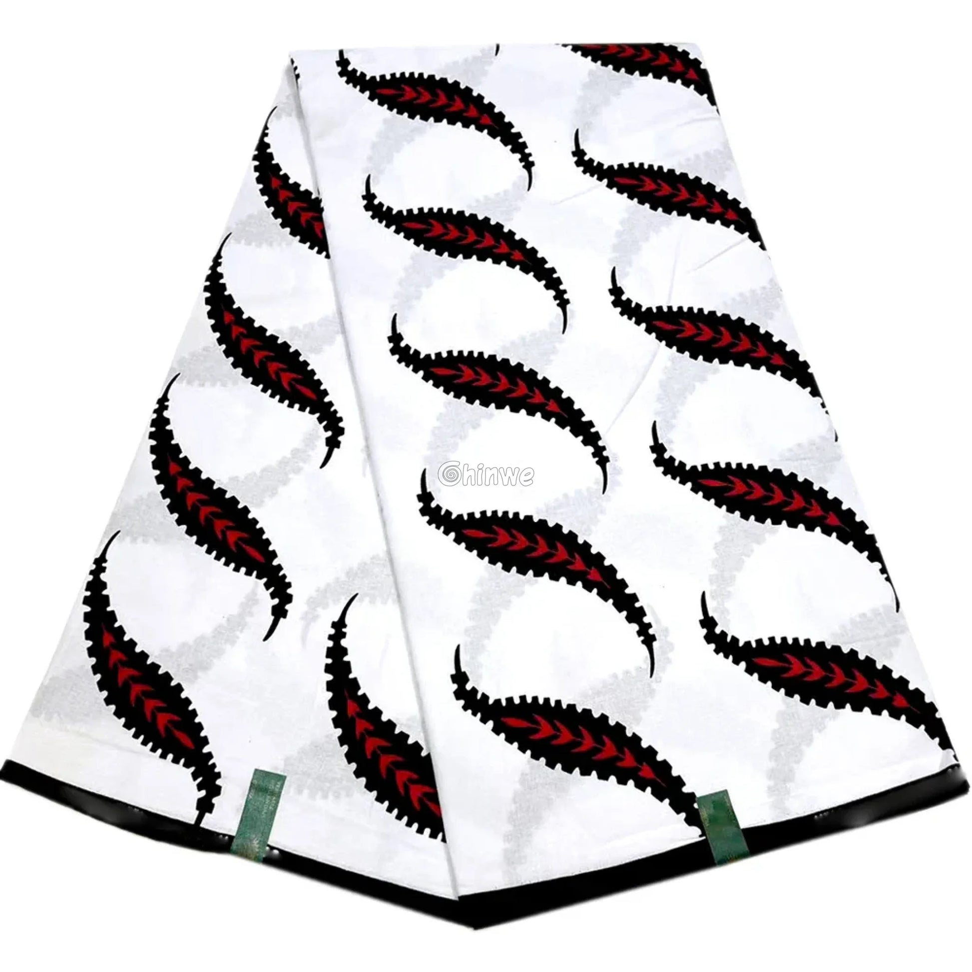 Elegant Feathered Swirl Fabric – Red and Black Pattern on White Vlisco Wax Print 6 Yards African Wax Print Fabric