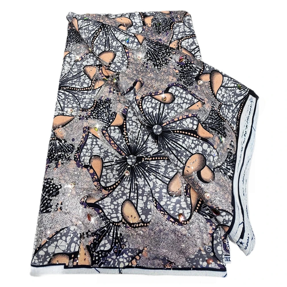 Silver & Peach Starflower Stoned Wax Print – Heavyweight Poplin with Stones, 6 Yards
