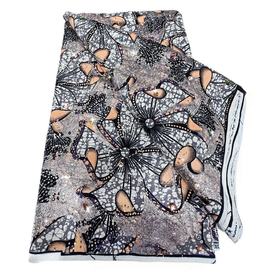 Silver & Peach Starflower Stoned Wax Print – Heavyweight Poplin with Stones, 6 Yards