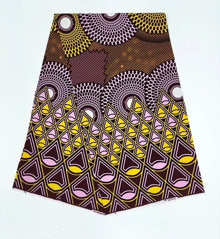 Lilac & Gold Ankara Wax Print Fabric – Sunburst Circles & Triangle Border, 100% Cotton