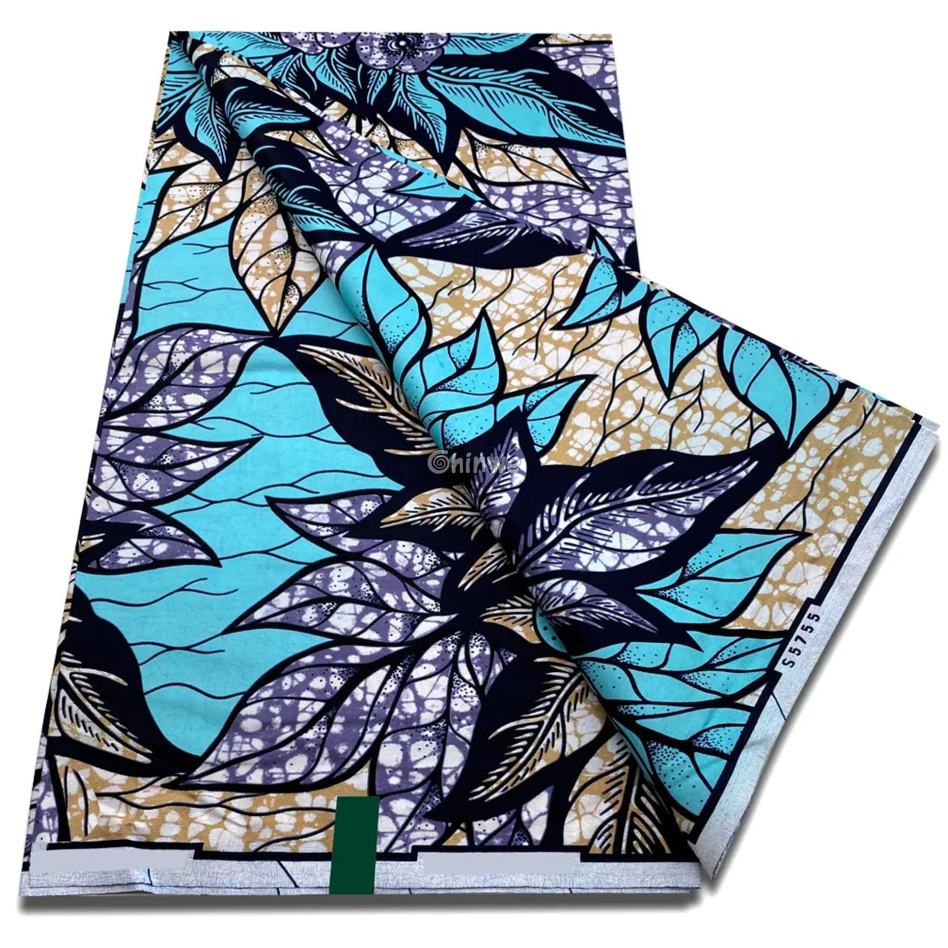 Wax Print with Layered Leaf Clusters and Speckled Crackle Texture in Aqua Cream and Deep Navy Detailing Lavender &