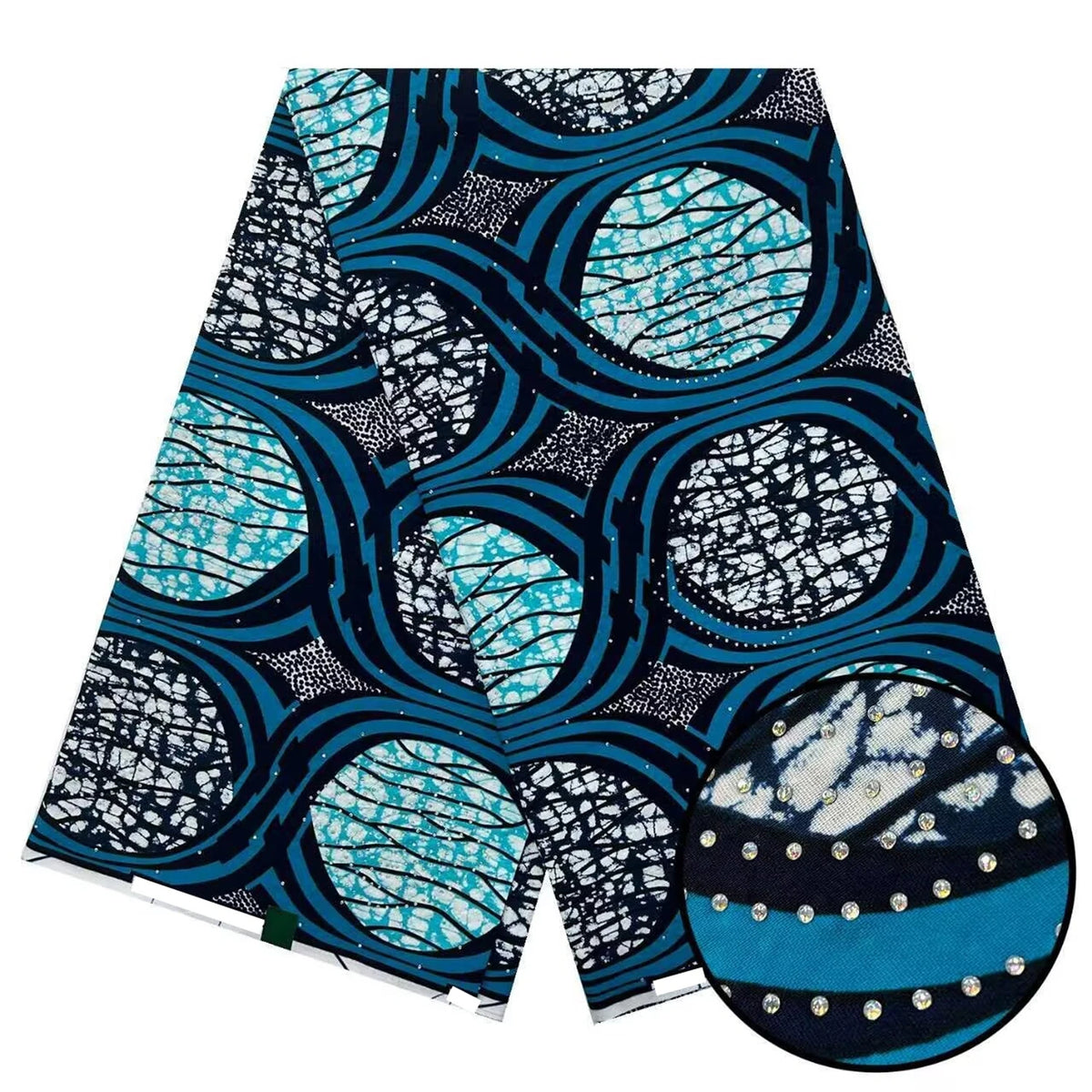 Teal Moon Circle Stoned Wax Print – Navy and Sky Blue, Real Wax with Stones, 6 Yards