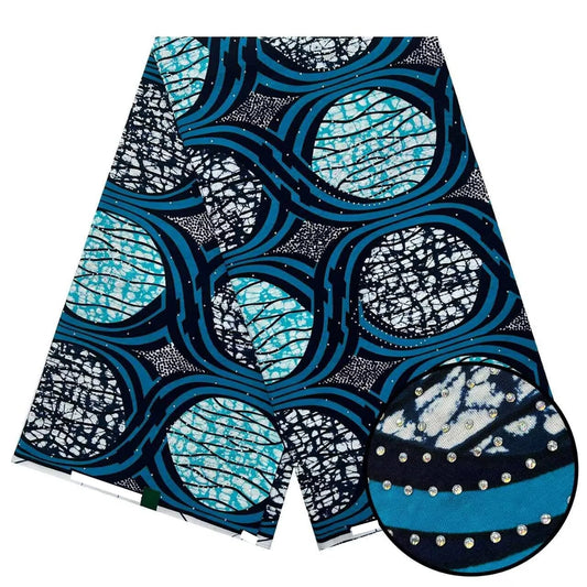 Teal Moon Circle Stoned Wax Print – Navy and Sky Blue, Real Wax with Stones, 6 Yards