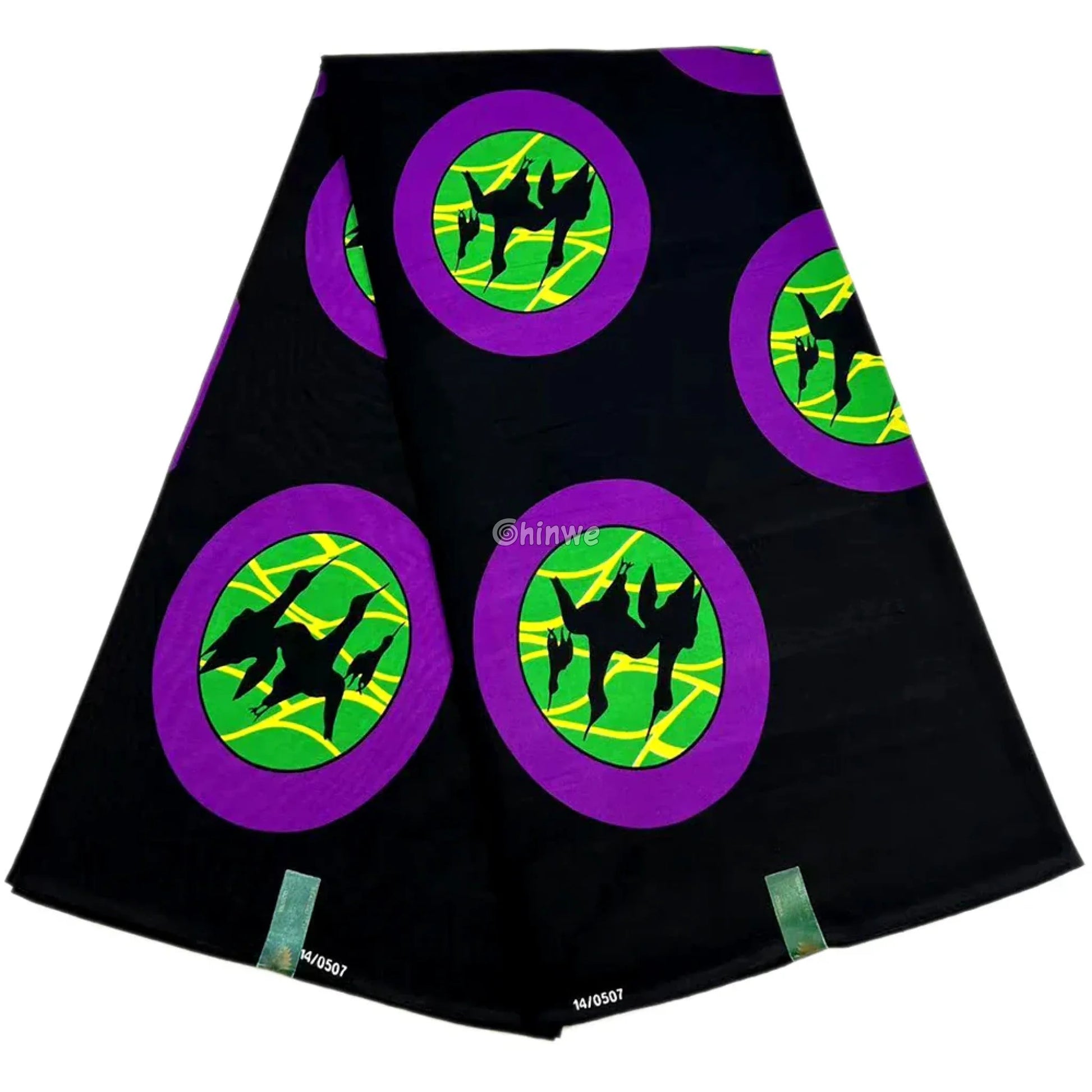 Vibrant Crane Circle Design Fabric – Purple Green and Yellow on Black Ankara Wax Print 6 Yards African Wax Print Fabric