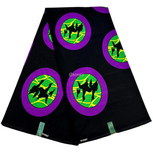 Vibrant Crane Circle Design Fabric – Purple Green and Yellow on Black Ankara Wax Print 6 Yards African Wax Print Fabric