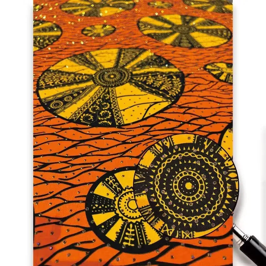 Orange Sun Wheel Stoned Wax Print – Black and Gold, Sparkle Stones, Real Wax, 6 Yards