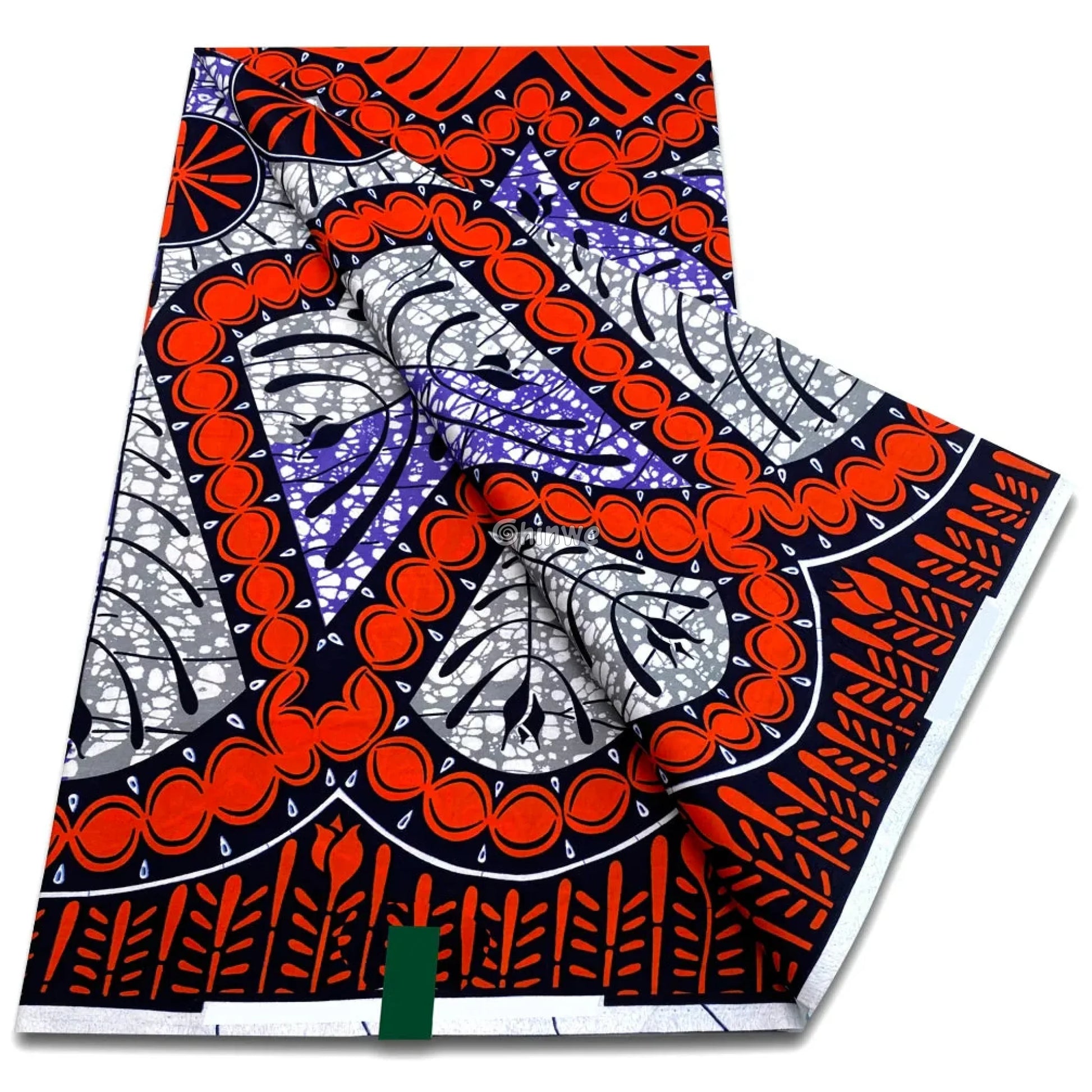 Fiery Orange Triangle Bloom with Gray Leaf Panels and Navy Botanical Borders on Wax Cotton Orange Border Triangle Bloom