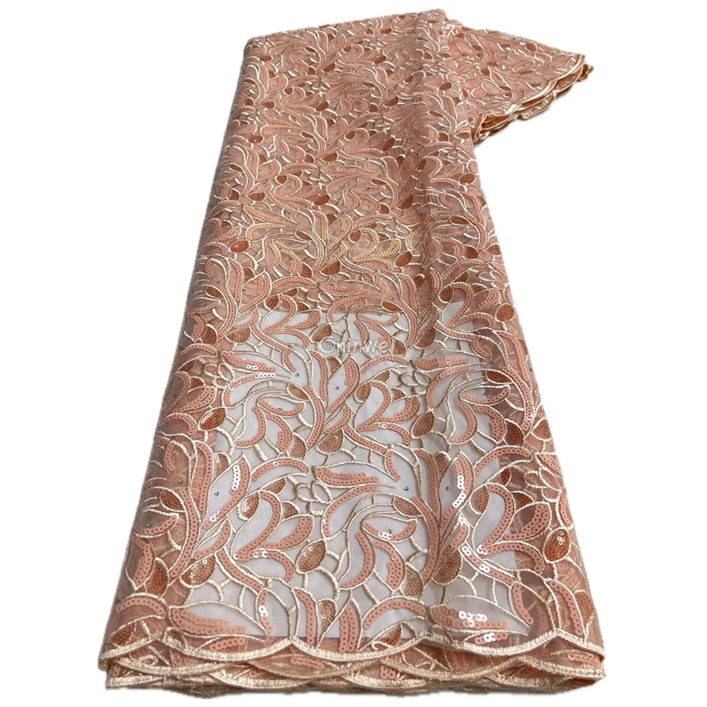 Emerald & Midnight Black Sequined & Embroidered Leaf & Vine Appliqué Mesh Print Fabric Champagne Blush & Ivory Leaf