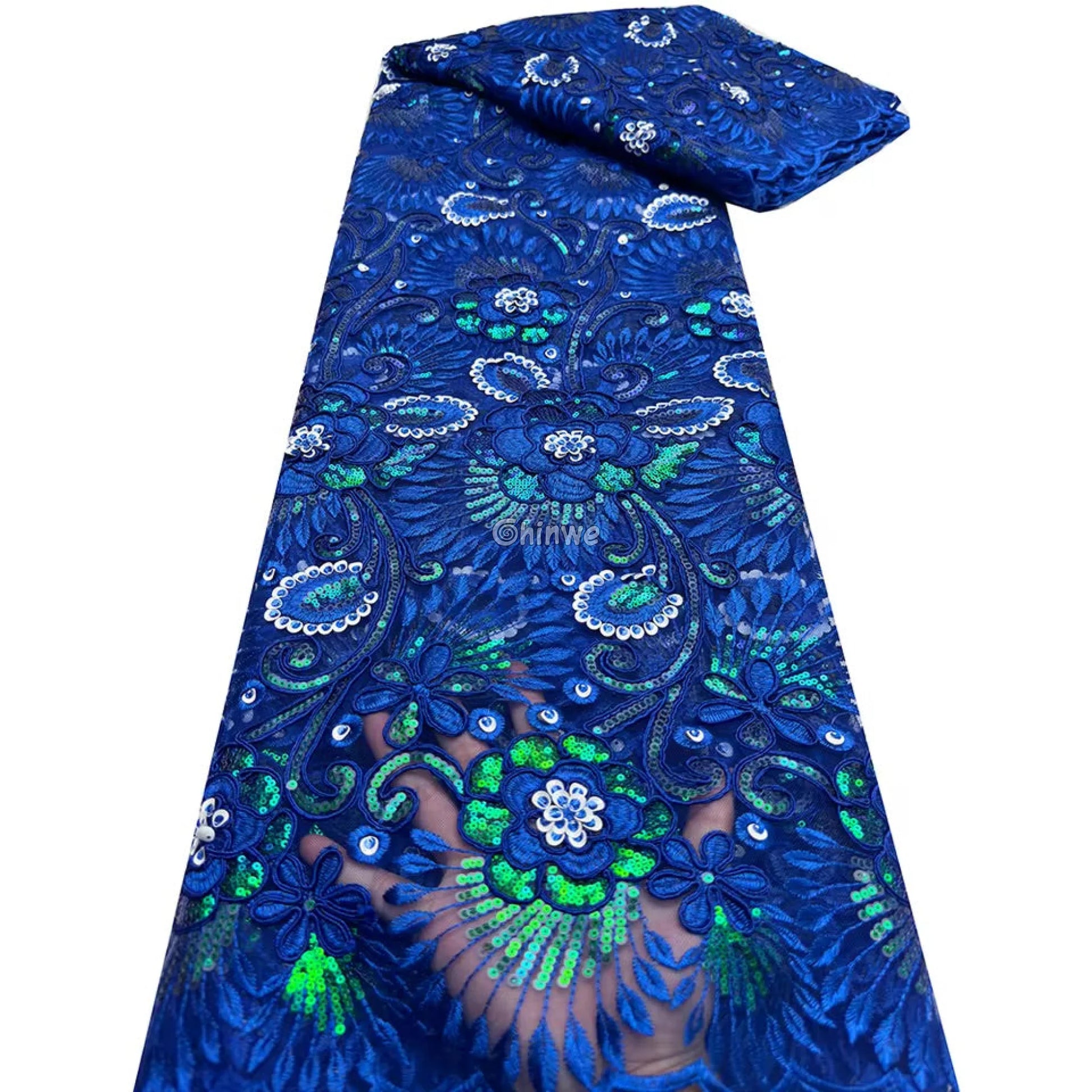 Emerald & Sapphire Blue Floral Vine Lace with Raised Petal Motifs and Iridescent Sequin Embellishments