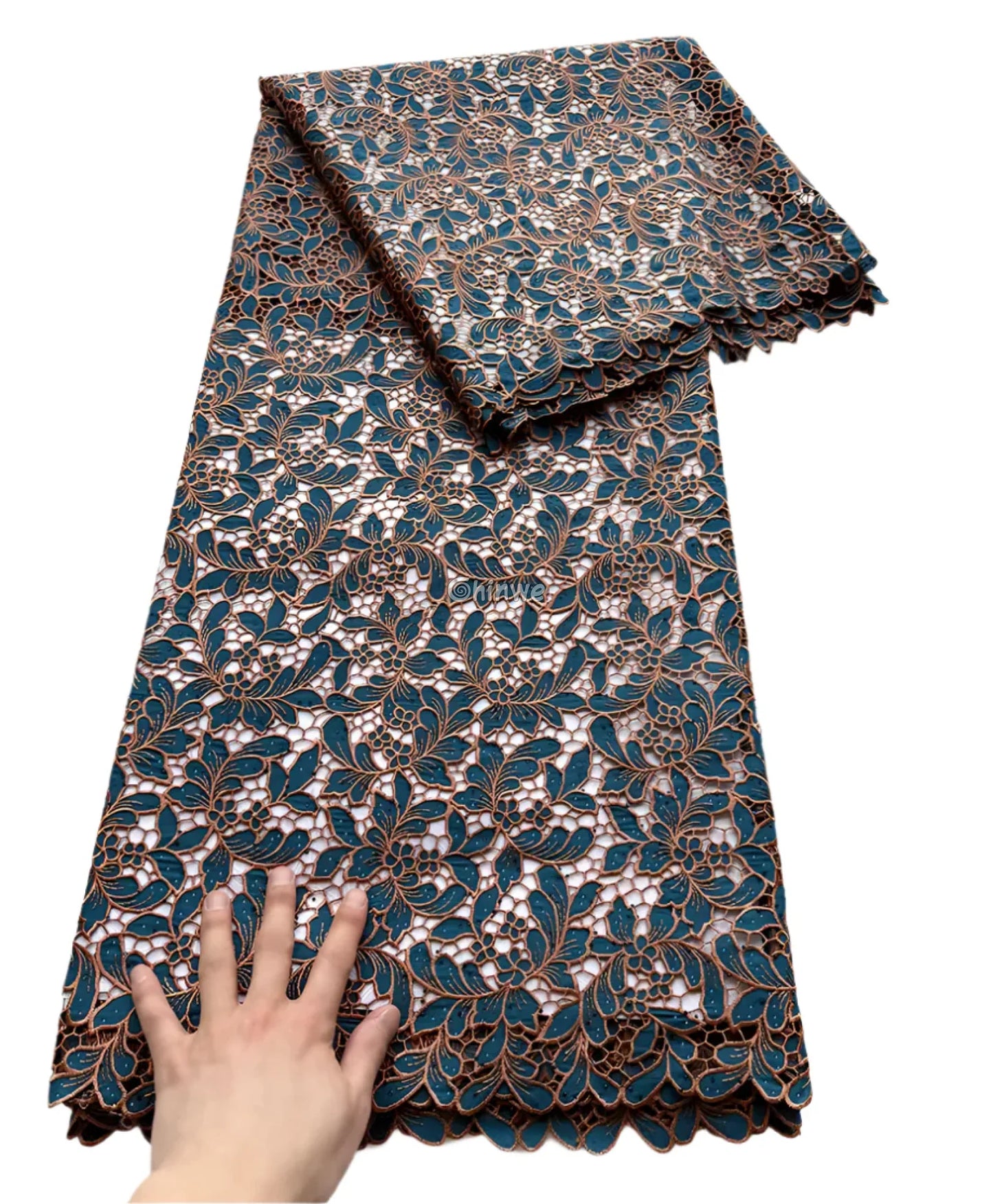 Luxury Guipure Lace Fabric – Floral Corded Korean Lace with Czech Stones Teal blue Brown / 5yard Lace