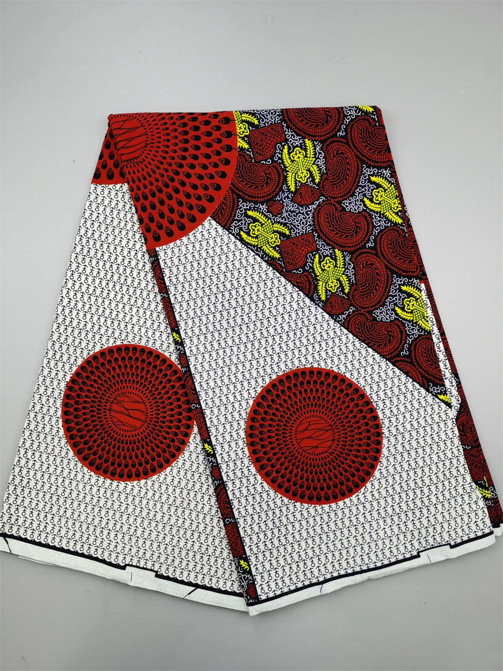Big Red Rings on White Ankara Real Wax Print – Red & Green Patchwork, 100% Cotton, 6 Yards