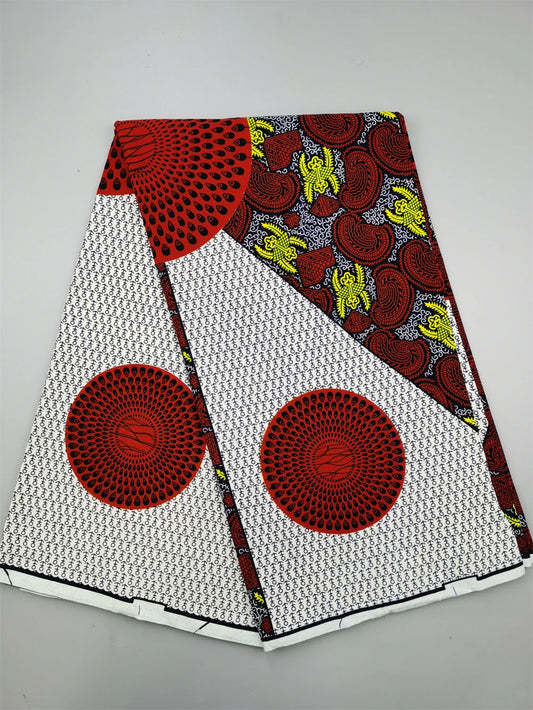 Big Red Rings on White Ankara Real Wax Print – Red & Green Patchwork, 100% Cotton, 6 Yards